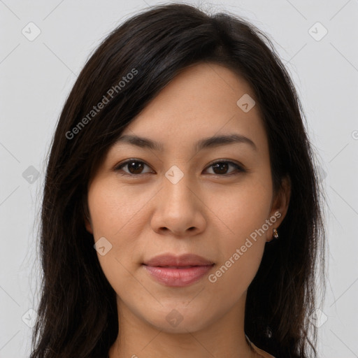 Joyful white young-adult female with long  brown hair and brown eyes