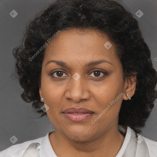 Joyful black adult female with short  brown hair and brown eyes