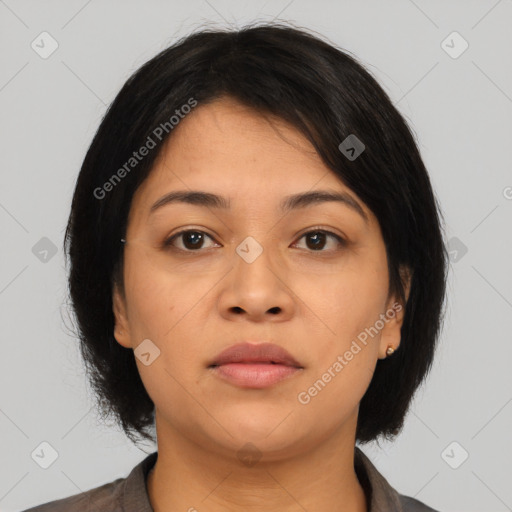 Neutral asian young-adult female with medium  black hair and brown eyes