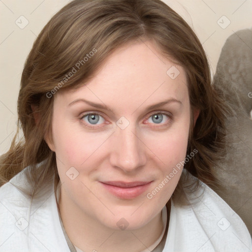 Joyful white young-adult female with medium  brown hair and blue eyes