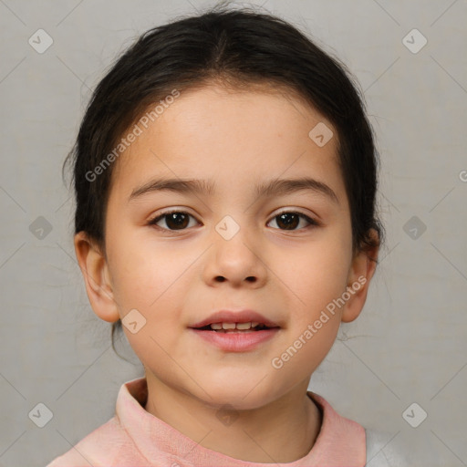 Joyful white child female with medium  brown hair and brown eyes