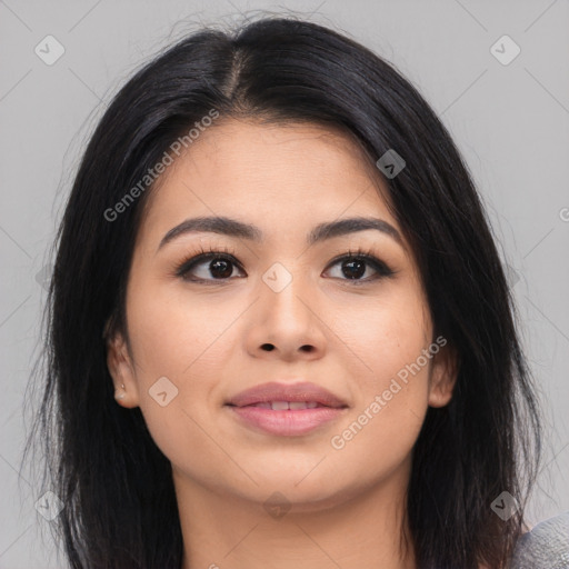 Neutral asian young-adult female with medium  black hair and brown eyes