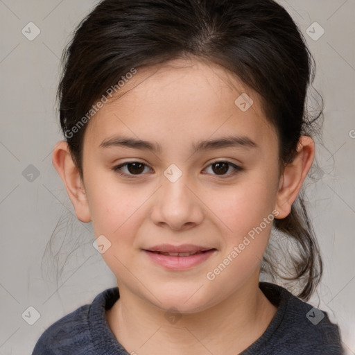 Joyful white child female with medium  brown hair and brown eyes