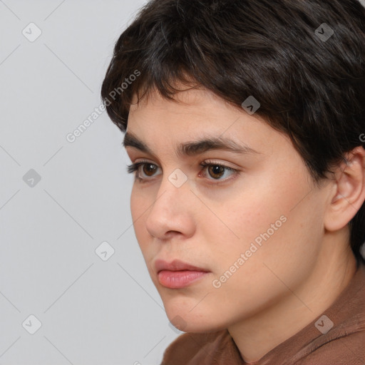 Neutral white young-adult female with short  brown hair and brown eyes