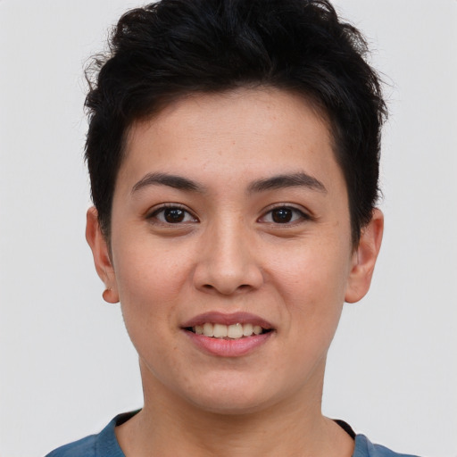 Joyful asian young-adult female with short  brown hair and brown eyes