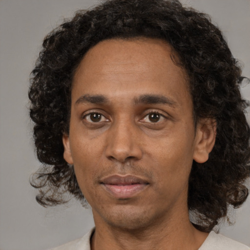 Neutral black adult male with medium  black hair and brown eyes