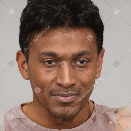 Joyful black young-adult male with short  brown hair and brown eyes