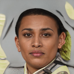 Joyful latino young-adult female with short  brown hair and brown eyes