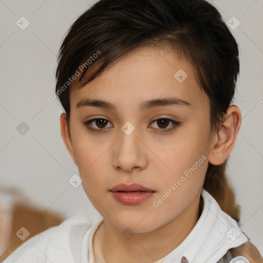 Neutral white young-adult female with short  brown hair and brown eyes