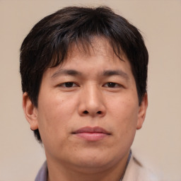 Neutral asian adult male with short  brown hair and brown eyes