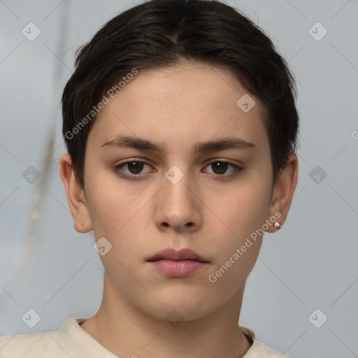 Neutral white young-adult female with short  brown hair and brown eyes