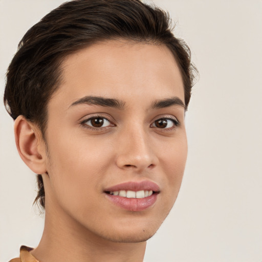 Joyful white young-adult female with short  brown hair and brown eyes