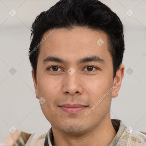 Neutral asian young-adult male with short  black hair and brown eyes