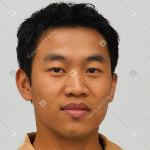 Neutral asian young-adult male with short  brown hair and brown eyes