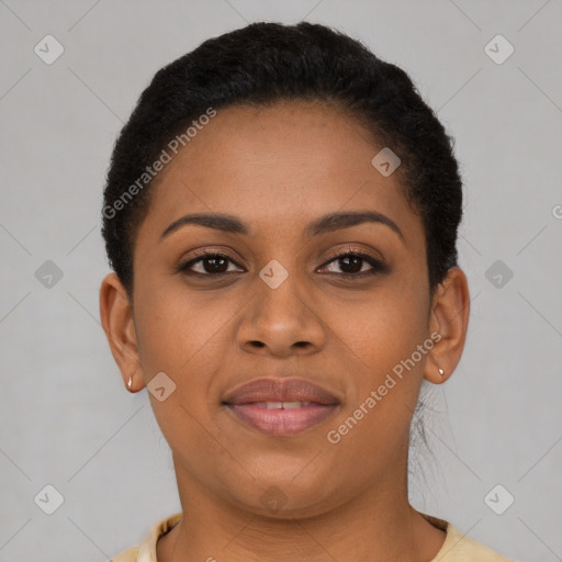 Joyful latino young-adult female with short  brown hair and brown eyes