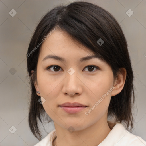 Neutral asian young-adult female with medium  brown hair and brown eyes