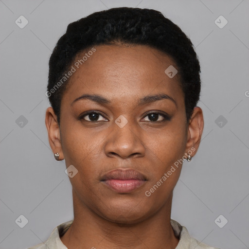 Neutral black young-adult female with short  black hair and brown eyes