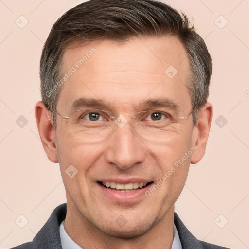 Joyful white adult male with short  brown hair and brown eyes