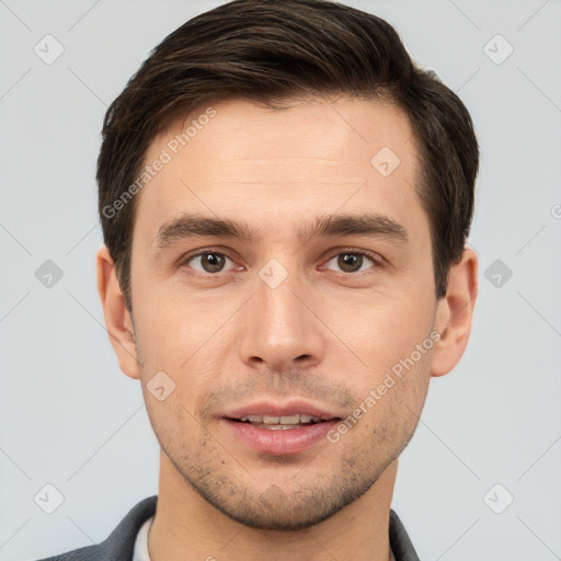 Neutral white young-adult male with short  brown hair and brown eyes