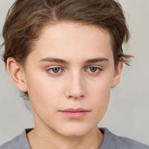 Neutral white young-adult female with medium  brown hair and grey eyes