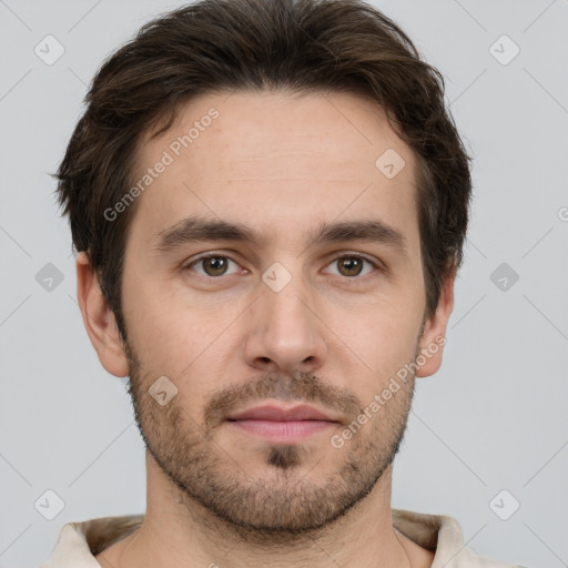 Neutral white young-adult male with short  brown hair and brown eyes