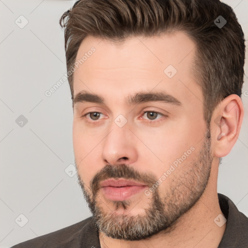 Neutral white young-adult male with short  brown hair and brown eyes