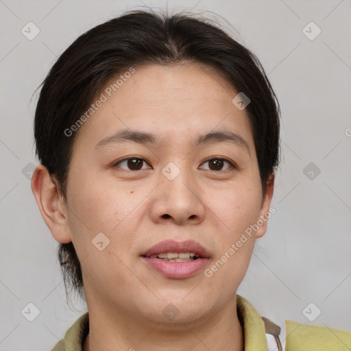 Joyful white young-adult female with short  brown hair and brown eyes