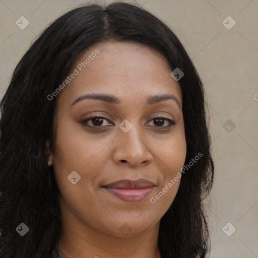 Joyful asian young-adult female with long  brown hair and brown eyes