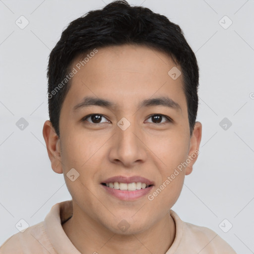 Joyful latino young-adult male with short  brown hair and brown eyes