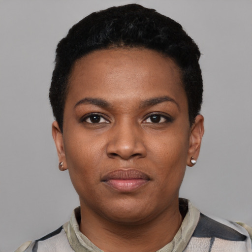 Neutral black young-adult female with short  black hair and brown eyes