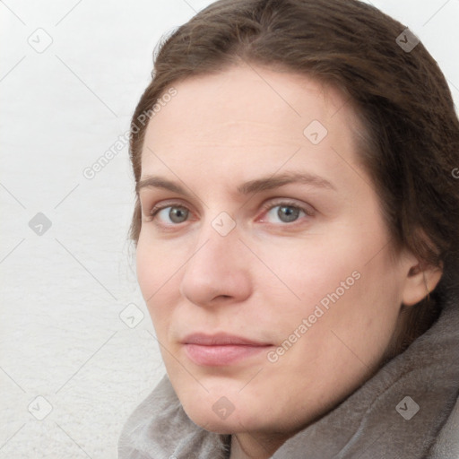 Neutral white young-adult female with long  brown hair and grey eyes