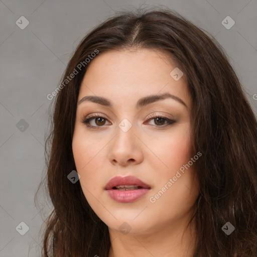 Neutral white young-adult female with long  brown hair and brown eyes