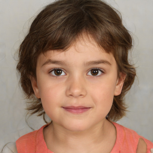 Joyful white child female with medium  brown hair and brown eyes