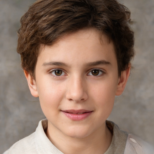 Joyful white child female with short  brown hair and brown eyes