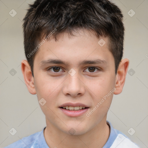 Joyful white child male with short  brown hair and brown eyes