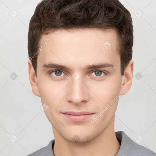 Neutral white young-adult male with short  brown hair and brown eyes