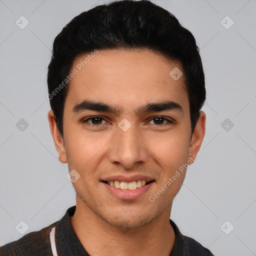 Joyful white young-adult male with short  black hair and brown eyes