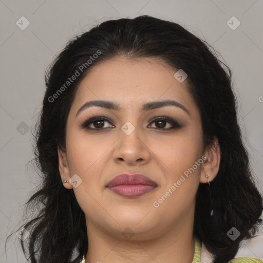 Joyful latino young-adult female with long  brown hair and brown eyes