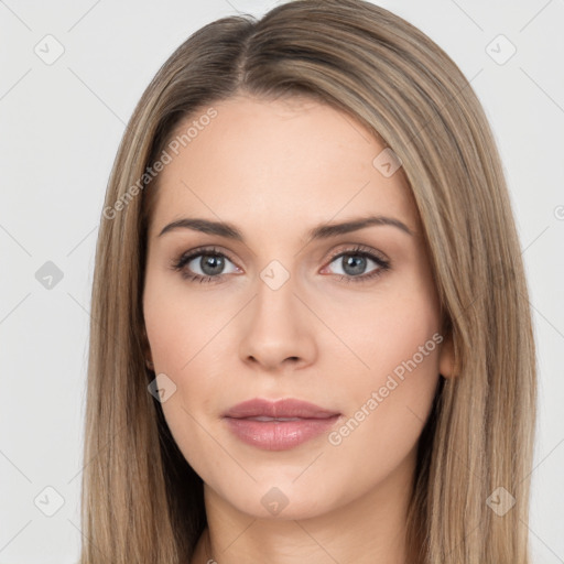 Neutral white young-adult female with long  brown hair and brown eyes