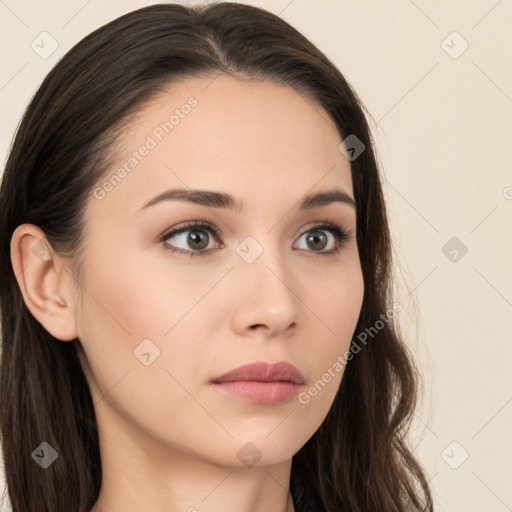 Neutral white young-adult female with long  brown hair and brown eyes