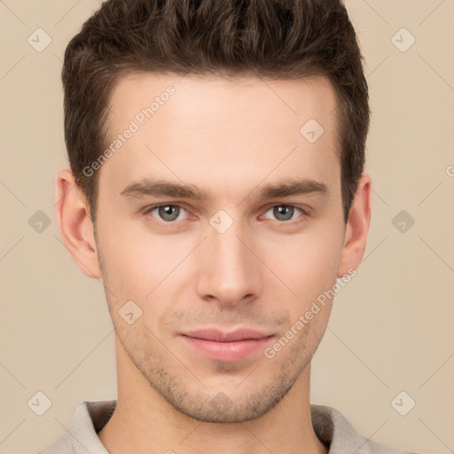 Neutral white young-adult male with short  brown hair and brown eyes