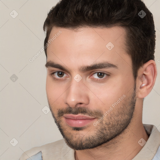 Neutral white young-adult male with short  brown hair and brown eyes