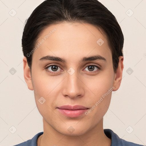 Joyful white young-adult female with short  brown hair and brown eyes