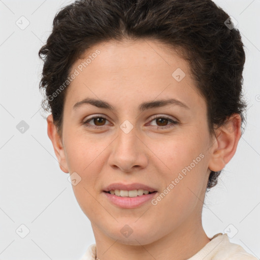 Joyful white young-adult female with short  brown hair and brown eyes