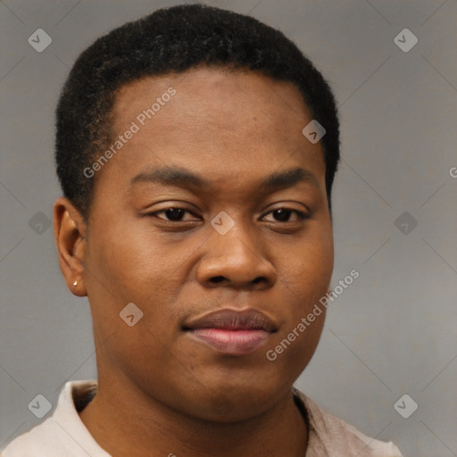 Joyful black young-adult male with short  brown hair and brown eyes