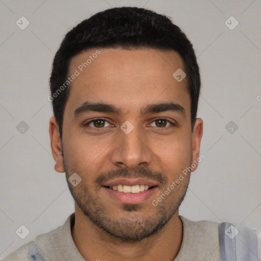 Joyful white young-adult male with short  black hair and brown eyes