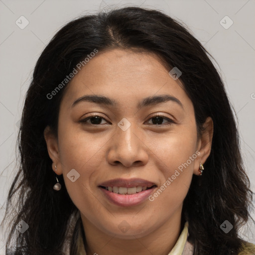 Joyful white adult female with long  brown hair and brown eyes