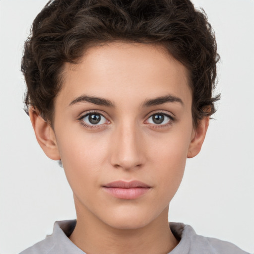 Neutral white young-adult female with short  brown hair and brown eyes