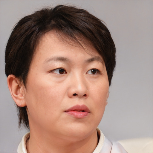 Neutral asian adult female with medium  brown hair and brown eyes