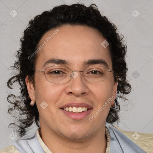 Joyful white adult male with medium  brown hair and brown eyes